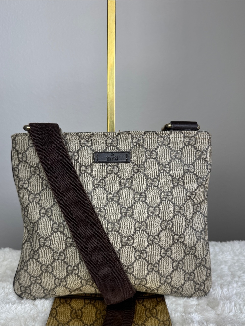Gucci Small Beige GG Canvas Crossbody Bag with Brown Strap